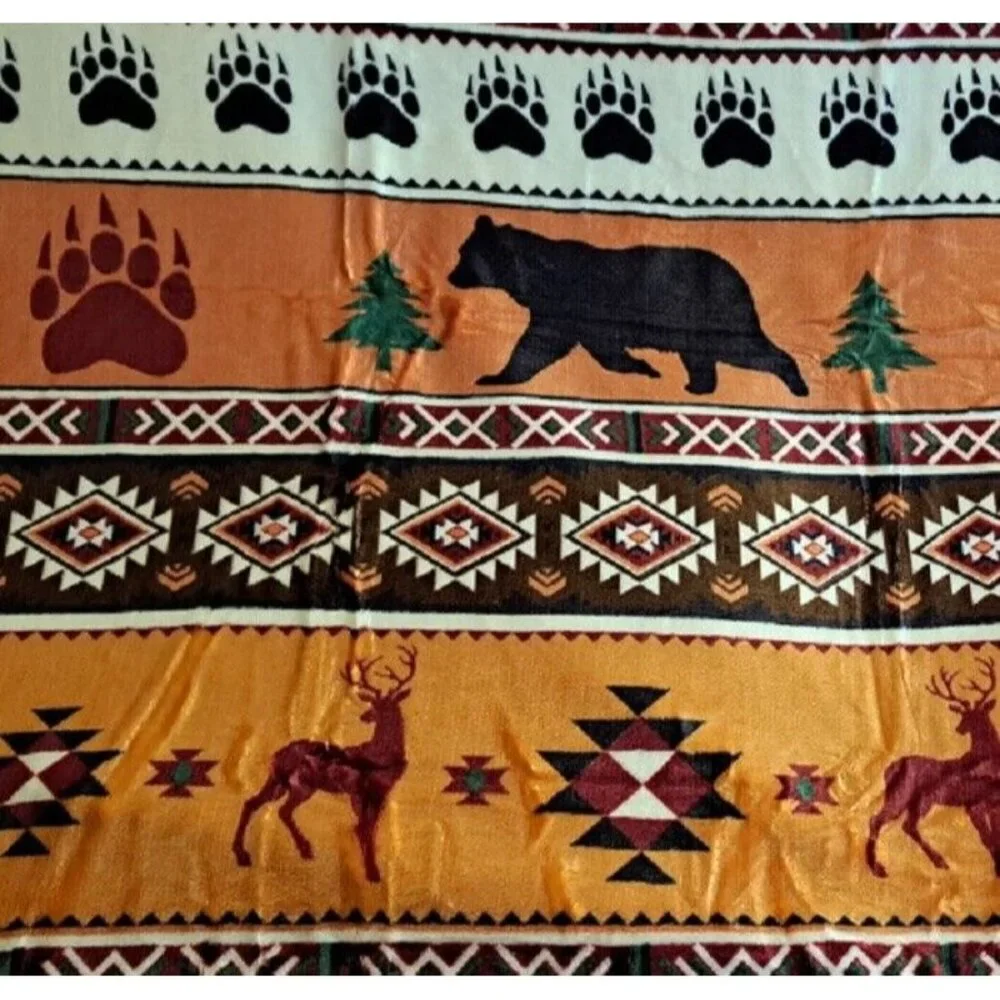 New Rust Orange Lodge Plush Fleece Throw Gift Blanket Sherpa Bear Paw Deer Cabin